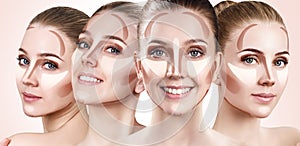 Collage of woman`s faces with contouring makeup.