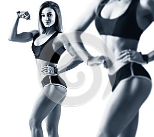 Collage of woman in sportswear demonstrated her athletic body.