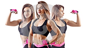 Collage of woman in sportswear demonstrated her muscular athletic body.