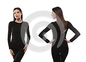 Collage of woman wearing thermal underwear on white