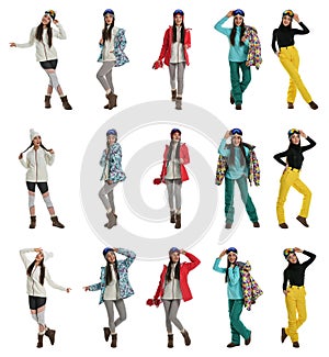 Collage of woman wearing winter sports clothes on background