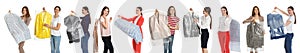 Collage of women holding hanger with clothes on background. Dry-cleaning service