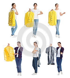 Collage of women holding hangers with clothes on background. Dry-cleaning service
