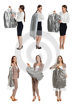 Collage of women holding hangers with clothes on background. Dry-cleaning service