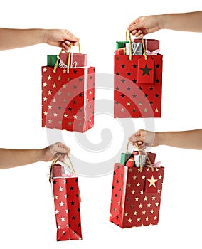 Collage of women holding shopping bags with gifts on white background, closeup