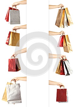 Collage of women holding paper shopping bags on background, closeup