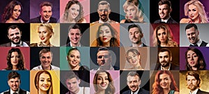 Collage of women and men faces expressing different facial emotions, smiling, unsmiling. Posing on colorful backgrounds