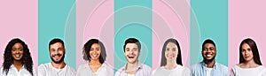 Collage Of Women And Men Over Pink And Blue Backgrounds