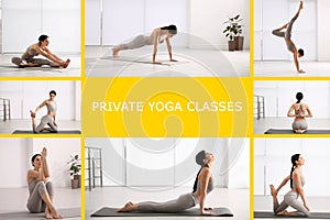 Collage of women practicing poses and text Private Yoga Classes