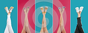 Collage of women wearing different shoes on color backgrounds, closeup