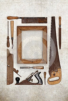 Collage work wood tools carpenter forming a frame