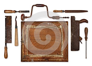 Collage work wood tools carpenter forming a frame