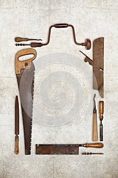Collage work wood tools carpenter forming a frame