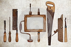 Collage work wood tools carpenter and picture frame