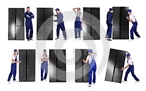 Collage of workers carrying refrigerators on background. Banner design