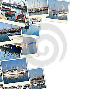 Collage with yachts, boats, lighthouse and a coast. Nautical concept. isolated on white