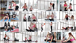 Collage of yogi, mother and child practicing exercises in the gym, doing stretching