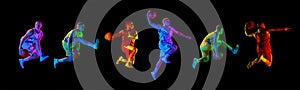 Collage. Young active man in uniform playing basketball isolated over black background in neon light. Jumping