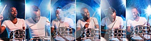 Collage. Young african-american jazz musician or drummer playing drums on blue studio background in glowing smoke in