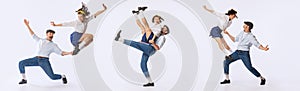 Collage. Young beautiful couple, man and woman, dancing retro dance isolated over white studio background