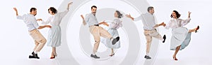 Collage. Young beautiful couple, man and woman in elegant retro clothes dancing isolated over white studio background