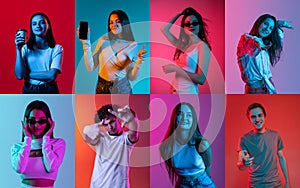 Collage of young beautiful people, male and female, posing with different emotions isolated over multicolored background