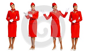 Collage, Young beautiful Russian stewardess in red uniform