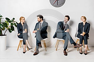 collage of young business people holding paper cups and waiting on chairs