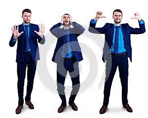 Collage of young businessman shows different gestures.