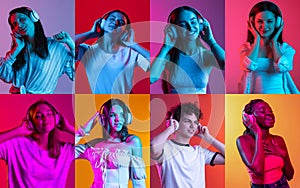 Collage of young emotive people listening to music in headphones isolated over multicolored background.