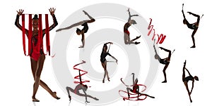 Collage. Young flexible teen girl, rhythmic gymnast in motion, training, performing isolated on white background.