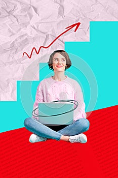 Collage of young freelancer girl sitting using her laptop looking growing graphic trader bull market growth isolated on