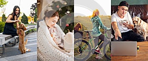 Collage of young girls, man and their pets spending time together, indoor and outdoors. Sincere emotions. leisure