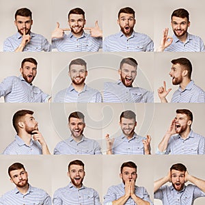 Collage of young guy portraits with different emotins