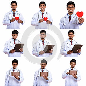 Collage of young handsome Indian man doctor with different props