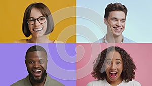 Collage of young happy multiethnic men and women laughing over colorful background, expressing positivity, slow motion