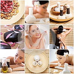 Collage with young and healthy woman relaxing in spa salon. Girl getting traditional oriental aroma therapy and