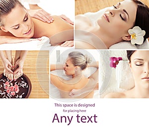 Collage with young and healthy woman relaxing in spa salon. Girl getting traditional oriental aroma therapy and massaging