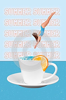 Collage of young lady rest chill summer season advertisement jump dive inside cup warm water orange slice juice isolated