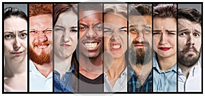 The collage of young male and female unhappy face expressions