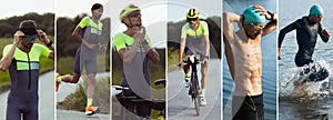 Collage. Young male sportsman, professional triathlete riding a bicycle, running, swimming outdoors on bright summer day