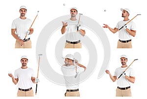 Collage of young man with golf club and ball on