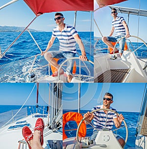 Collage of Young man sailing yacht