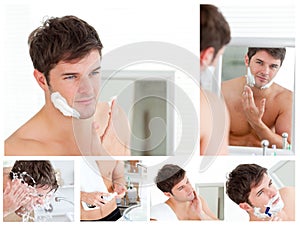 Collage of a young man shaving