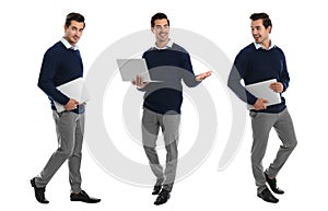 Collage of young men with laptops on background