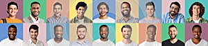 Collage of young men portraits, multiracial youngsters smiling to camera over studio backgrounds