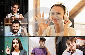 Collage of young people having online session with psychologist via Internet