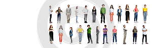 Collage of young people, men and women, of different age in casual cloth standing in two lines isolated over white