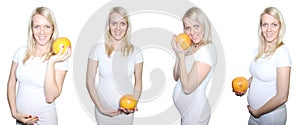 Collage Young Petty Natual Beauty Pregnant Woman Holding Grapefruit and Shows a Belly That Begins to Grow Isolated on White Backgr