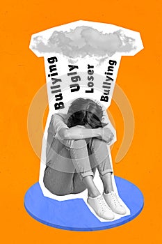 Collage of young sad upset girl woman sit crying tears depression problems society bullying cloud raindrops isolated on